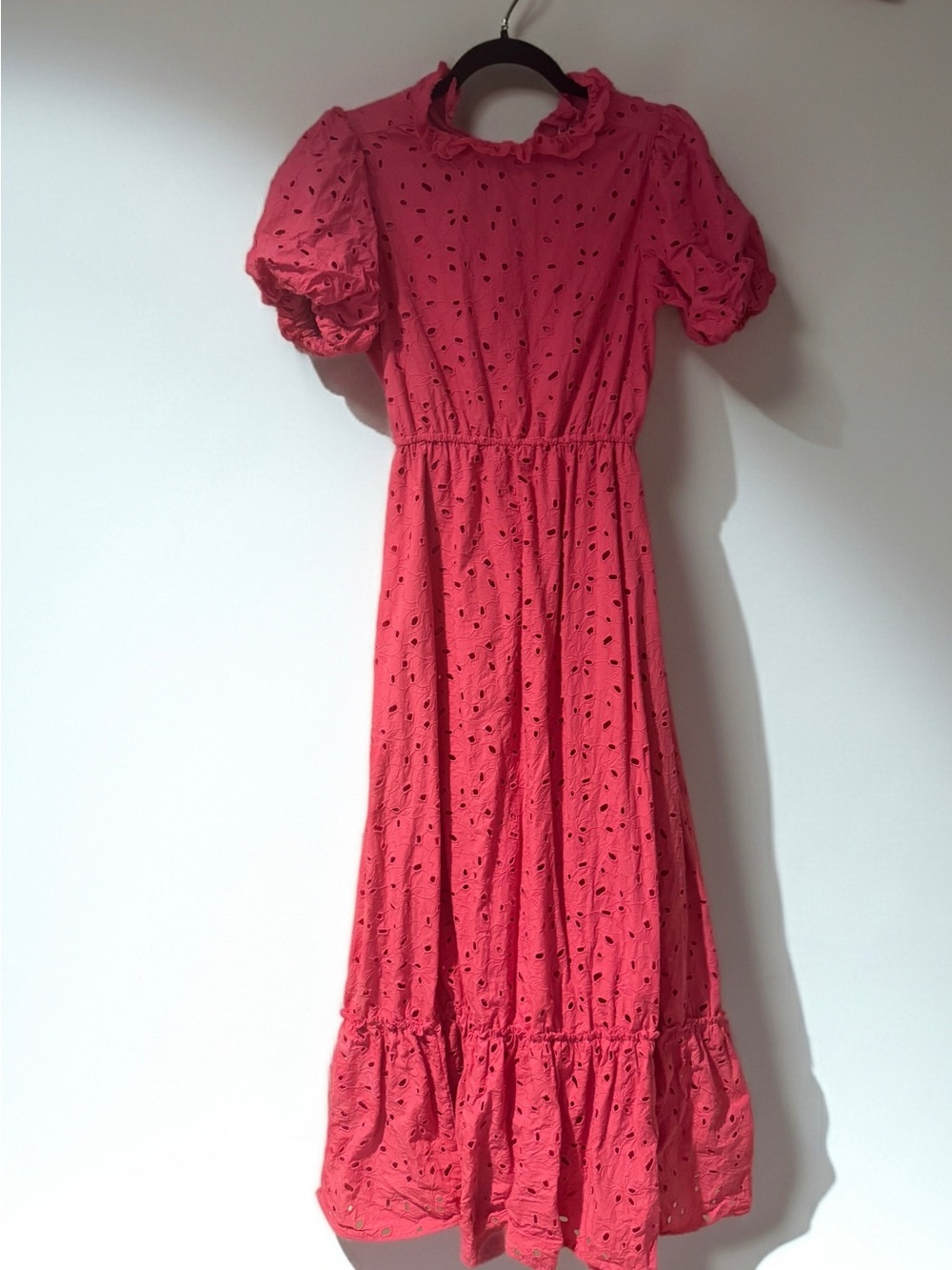 Sezane Pink Coral Pink Eyelet Maxi Dress with Ruffle Neck and Puff sleeve